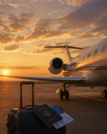 A suitcase and passports beside a waiting private jet at sunrise