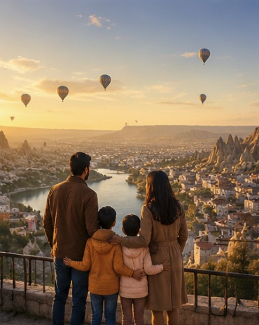 A family of four watching hot-air balloons rise over a valley town at dawn