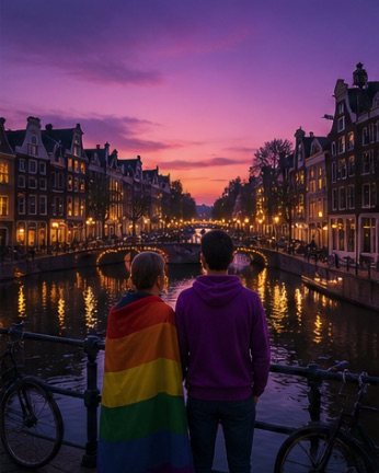 Two travellers, one wrapped in a rainbow flag, looking along a canal at dusk