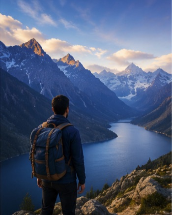 A lone traveller with a backpack looking out over a mountain lake at sunrise