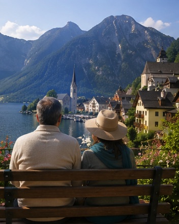 An older couple on a bench looking across a lake to an alpine village and mountains