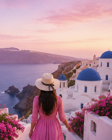 A woman in a sun hat looking out over white-and-blue domed rooftops above the sea at sunset