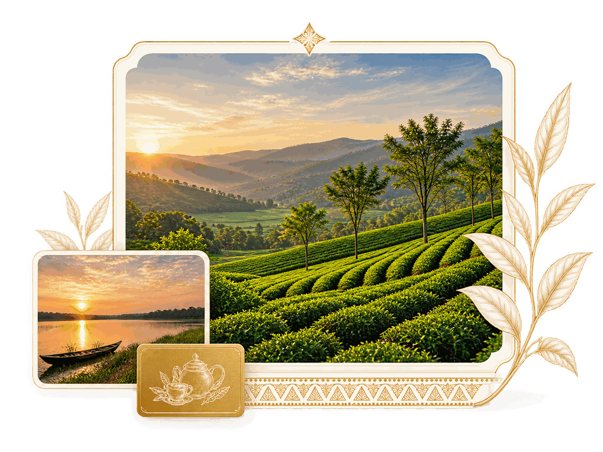 A framed view of Assam's tea gardens at sunrise with a river boat scene, bordered by decorative gold leaf sprigs