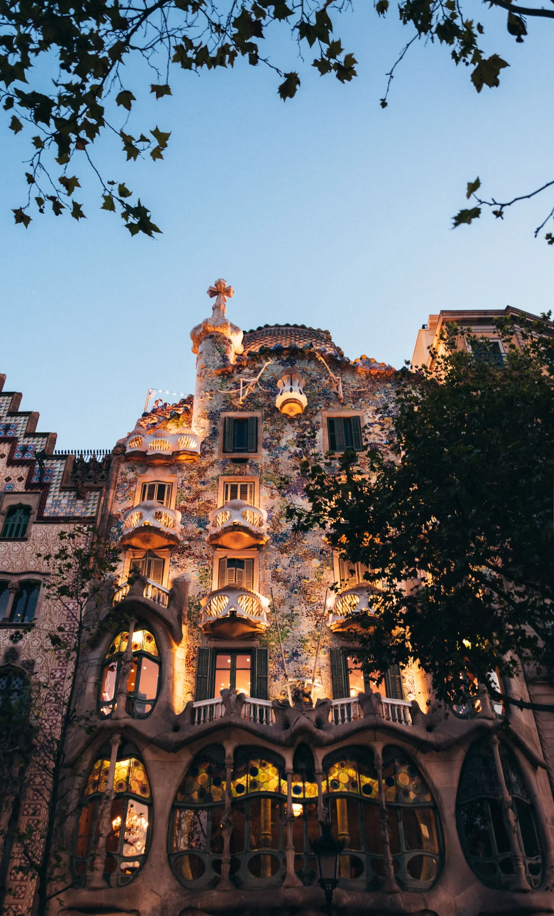 The illuminated facade of Casa Batllo in Barcelona, Spain